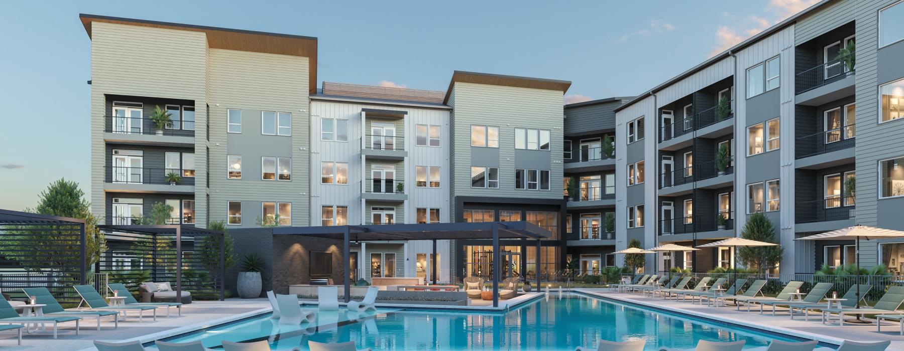 a pool with chairs around it