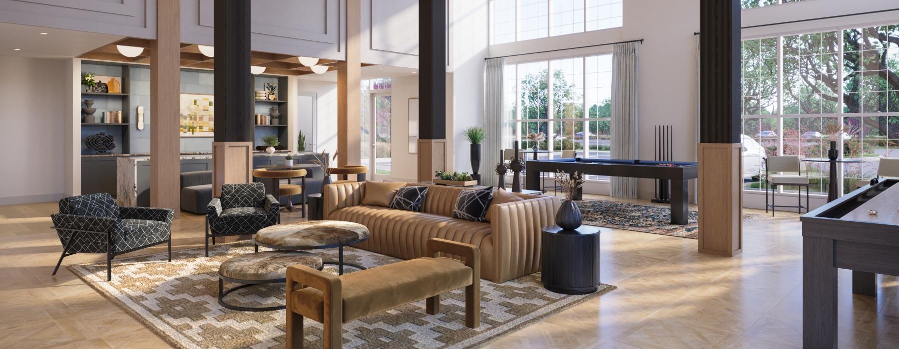 Beautiful clubroom with lounge seating and a billiards area