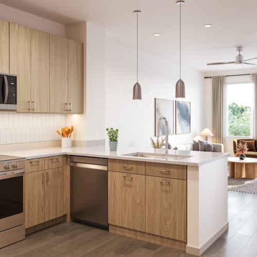 a kitchen with wood cabinets