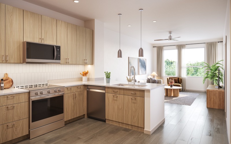 a kitchen with wood cabinets