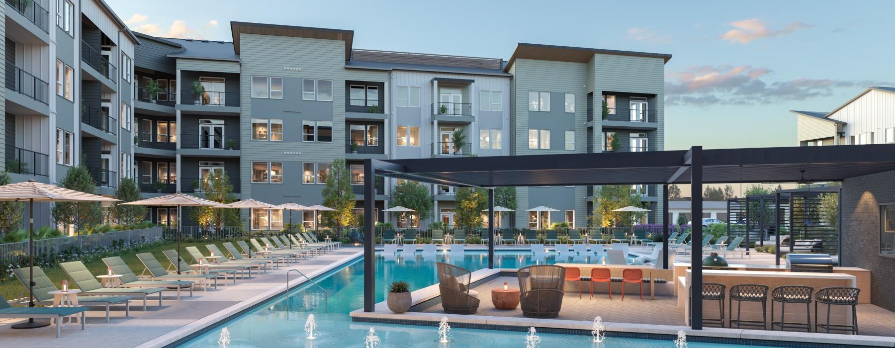 a pool in front of a building