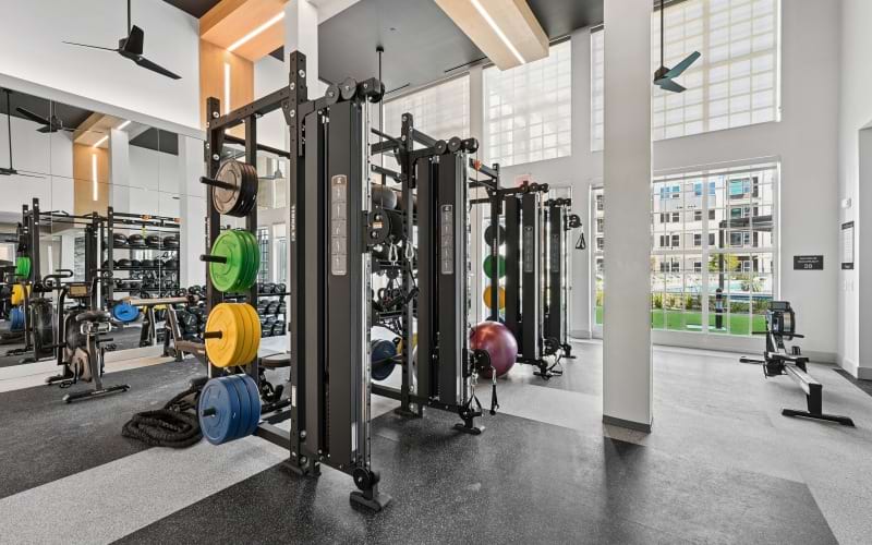 a fitness center with workout equipment