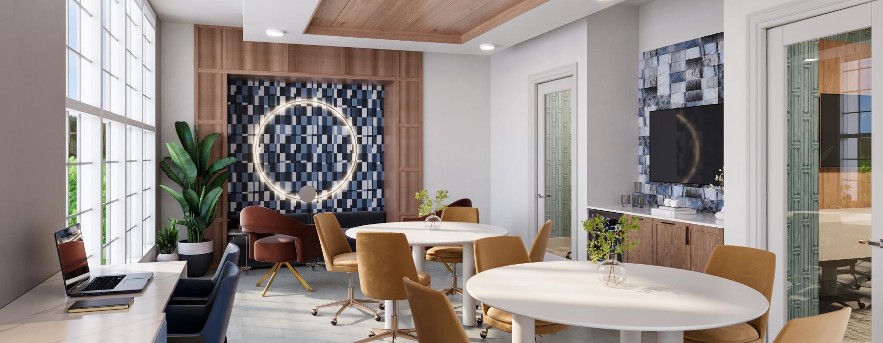 a room with a table chairs and a window